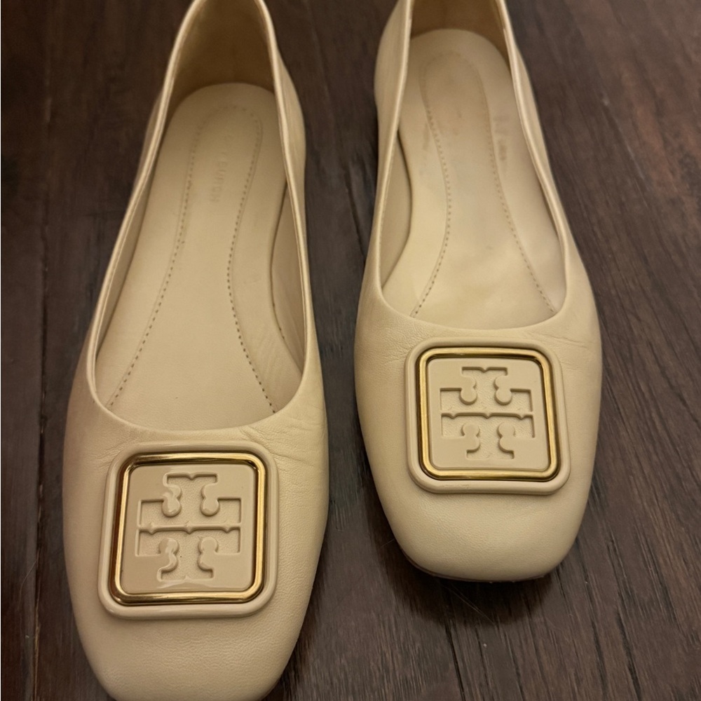 Tory Burch Neutral Leather Logo Square-Toe Ballet Flats